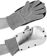 Image of ProductInUse. Shown with Backhand Pads. Front orientation. Gloves. Welding Gloves with Aluminized Detachable Hand Pads.