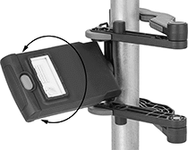Image of ProductInUse. Style B (Shown Clamped). Front orientation. Contains Annotated. Portable Work Lights. Clamp-On Pivoting-Head Cordless Portable Work Lights, Style B.