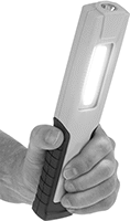 Image of ProductInUse. Style D (Shown Held). Front orientation. Portable Work Lights. Wet-Location Cordless Portable Work Lights, Style D.