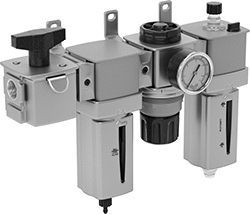 Image of System. Shown Installed. Front orientation. Safety Lockout Valves. Safety Lockout Valves for Parker Modular Compressed Air Filter/Regulator/Lubricators (FRLs).