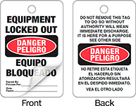 Image of Product. Front orientation. Contains Annotated, MultipleImages. Tags. Lockout/Tagout Tags with Laminating Flap, Danger—Equipment Locked Out/Peligro—Equipo Bloqueado (White).