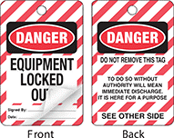 Image of Product. Front orientation. Contains Annotated, MultipleImages. Tags. Lockout/Tagout Tags with Laminating Flap, Danger—Equipment Locked Out (Red/White).