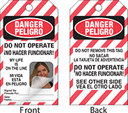 Image of Product. Front orientation. Contains Annotated, MultipleImages. Tags. Lockout/Tagout Tags with Laminating Flap, Danger—Do Not Operate My Life Is on the Line/Peligro—No Hacer Funcionar Mi Vida Está en Peligro (Red/White).