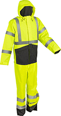 Image of Product. High-Visibility Nylon-Coated Polyester Suit with Pants. Front orientation. Rain Suits. Rain Suits, Suit with Hooded Jacket and Pants, Polyester Fabric, Nylon Coating.