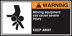 Image of Product. Front orientation. Labels. Conveyor Safety Labels , Warning—Moving Equipment Can Cause Severe Injury—Keep Away.