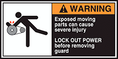 Image of Product. Front orientation. Labels. Conveyor Safety Labels , Warning—Exposed Moving Parts Can Cause Severe Injury—Lock Out Power Before Removing Guard.