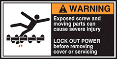 Image of Product. Front orientation. Labels. Conveyor Safety Labels , Warning—Exposed Screw and Moving Parts Can Cause Severe Injury—Lock Out Power Before Removing Cover or Servicing, Horizontal Orientation.