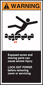 Image of Product. Front orientation. Labels. Conveyor Safety Labels , Warning—Exposed Screw and Moving Parts Can Cause Severe Injury—Lock Out Power Before Removing Cover or Servicing, Vertical Orientation.