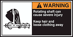 Image of Product. Front orientation. Labels. Conveyor Safety Labels , Warning—Rotating Shaft Can Cause Severe Injury—Keep Hair and Loose Clothing Away.