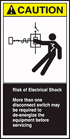 Image of Product. Front orientation. Labels. Conveyor Safety Labels , Caution—Risk of Electrical Shock—More Than One Disconnect Switch May Be Required to De-Energize the Equipment Before Servicing.