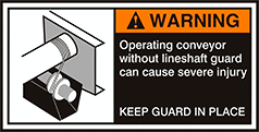 Image of Product. Front orientation. Labels. Conveyor Safety Labels , Warning—Operating Conveyor Without Lineshaft Guard Can Cause Severe Injury—Keep Guard in Place.