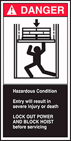 Image of Product. Front orientation. Labels. Conveyor Safety Labels , Danger—Hazardous Condition—Entry Will Result in Severe Injury or Death—Lock Out Power and Block Hoist Before Servicing.