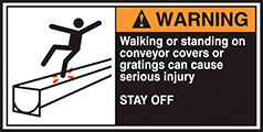 Image of Product. Front orientation. Labels. Conveyor Safety Labels , Warning—Walking or Standing on Conveyor Covers or Gratings Can Cause Serious Injury—Stay Off.