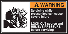 Image of Product. Front orientation. Labels. Conveyor Safety Labels , Warning—Servicing While Pressurized Can Cause Severe Injury—Lock Out Source and Relieve Pressure Before Servicing.