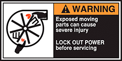 Image of Product. Front orientation. Labels. Conveyor Safety Labels , Warning—Exposed Moving Parts Can Cause Severe Injury—Lock Out Power Before Servicing.