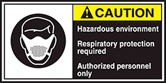Image of Product. Front orientation. Labels. Conveyor Safety Labels , Caution—Hazardous Environment—Respiratory Protection Required—Authorized Personnel Only.