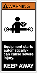 Image of Product. Front orientation. Labels. Conveyor Safety Labels , Warning—Equipment Starts Automatically—Can Cause Severe Injury—Keep Away, Vertical Orientation.