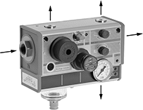 Image of Product. Front orientation. Contains Annotated. Compressed Air Filter/Regulator Manifolds. Space-Saving Compressed Air Filter/Regulator Manifolds.