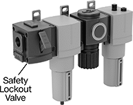 Image of ProductInUse. Shown Installed. Front orientation. Contains Annotated. Safety Lockout Valves. Safety Lockout Valves for ARO Modular Compressed Air Filter/Regulator/Lubricators (FRLs).