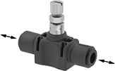 Image of Product. Front orientation. Contains Annotated. Air Flow Control Valves. Single-Control Two-Direction Air Flow Control Valves, Push-to-Connect Female Inlet × Push-to-Connect Female Outlet.