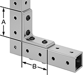 Image of ProductInUse. Extended Corner. Front orientation. Contains Annotated. Bolt-Together Framing and Fittings. Aluminum Bolt-Together Framing and Fittings , Corner Brackets, Extended 90° Angle.