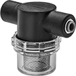 Image of Product. Clear Nylon Housing. Front orientation. Strainers. T-Strainers, With Female Push-to-Connect Tube Fitting Connections, For Use With Water, Clear Nylon Housing with Mesh Screen.