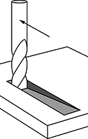 Image of Specification. Ramping Cut Shown. Front orientation. ZoomedIn view. Contains Annotated. End Mills for Extreme Ramping and Plunging. Fast-Cut Carbide Square End Mills with Chamfer Corner.