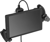 Image of ProductInUse. Holder with Tablet Installed (Not Included). Front orientation. Tablet Holders. Emergency Stop, Push-Button Switch.
