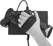 Image of ProductInUse. Pivoting Handle (Back View). Back orientation. Tablet Holders. Emergency Stop, Push-Button Switch.