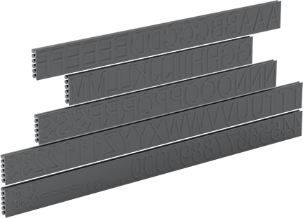 Image of Product. Front orientation. 3/4" High Letter and Number Set for Self-Inking Rubber Stamp with Changeable Message.