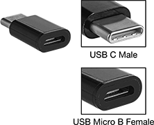 Image of Product. Front orientation. Contains Annotated, Inset. USB Connectors. USB Adapters, Straight USB-C Male × Micro USB-B Female.