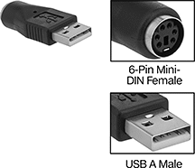 Image of Product. Front orientation. Contains Inset, MultipleImages. USB Connectors. USB Adapters, Straight 6-Pin Mini DIN Female × USB-A Male.