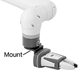 Image of ProductInUse. Front orientation. ZoomedIn view. Contains Annotated. Robot Tool Mounts. Right Angle Robot Tool Mounts.