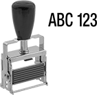 Image of Product. Front orientation. Contains Inset. Stamps. Rubber Stamp, Press-Fit Character, Message, Self-Inking, Changeable, Holders.