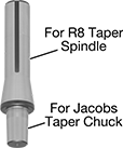 Image of Product. Front orientation. Contains Annotated. Drill Chuck Arbors. R8 Taper to Jacobs Taper Drill Chuck Arbors.