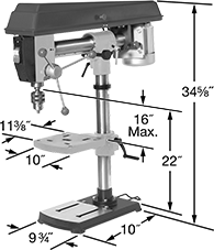 Image of Product. Front orientation. Contains Annotated. Drill Presses. Long-Reach Economy Bench-Mount Drill Presses.