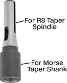 Image of Product. Front orientation. Contains Annotated. Machine Taper Shank Adapters. R8 Taper to Morse Taper Shank Adapters.