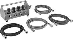 Image of Specification. Included Air Regulator and Four Hoses with Quick-Disconnect Fittings. Front orientation. ZoomedIn view. Dollies. High-Capacity Air-Glide Dollies.