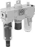 Image of Product. Inline with Clear Polycarbonate Bowl. Front orientation. Inline Components. SMC Modular Compressed Air Filter/Regulator/Lubricators (FRLs) , Polycarbonate Bowl.