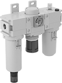 Image of Product. Inline with Opaque Aluminum Bowl. Front orientation. Inline Components. SMC Modular Compressed Air Filter/Regulator/Lubricators (FRLs) , Aluminum Bowl.