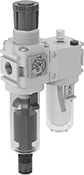 Image of Product. Stacked with Clear Polycarbonate Bowl. Front orientation. Stacked Components. SMC Modular Compressed Air Filter/Regulator/Lubricators (FRLs) , Polycarbonate Bowl.