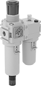 Image of Product. Stacked with Opaque Aluminum Bowl. Front orientation. Stacked Components. SMC Modular Compressed Air Filter/Regulator/Lubricators (FRLs) , Aluminum Bowl.