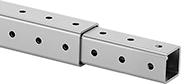 Image of ProductInUse. Two Square Rails Shown Telescoping (Sold Separately). Front orientation. Telescoping Rail. Aluminum Bolt-Together Framing and Fittings .