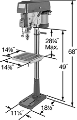 Image of Product. Front orientation. Contains Annotated. Drill Presses. Adjustable-Speed Economy Floor-Mount Drill Presses, 17" Maximum Workpiece Diameter.