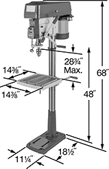 Image of Product. Front orientation. Contains Annotated. Drill Presses. Adjustable-Speed Economy Floor-Mount Drill Presses, 17" Maximum Workpiece Diameter.