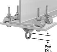 Image of ProductInUse. Front orientation. Contains Annotated. Beam Clamps. Beam Clamps for Hooks and Hangers, Style A.