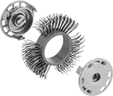Image of Product. Belt and Hub Shown Exploded. Front orientation. Exploded view. Wire Bristle Blaster Belt Hubs.