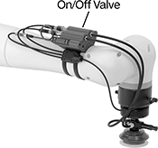 Image of ProductInUse. Front orientation. Contains Annotated. Solenoid On/Off Valves. Robot-Arm-Mounted Electrically Operated Air On/Off Valves.