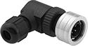 Image of Product. Front orientation. Metric Circular Connectors. Quick-Connect M12 Connectors, 90° Elbow Plugs, Unshielded.