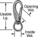 Image of Product. Front orientation. Contains Annotated. Snap Hooks. Load-Rated Snap Hooks with Swivel Eye.